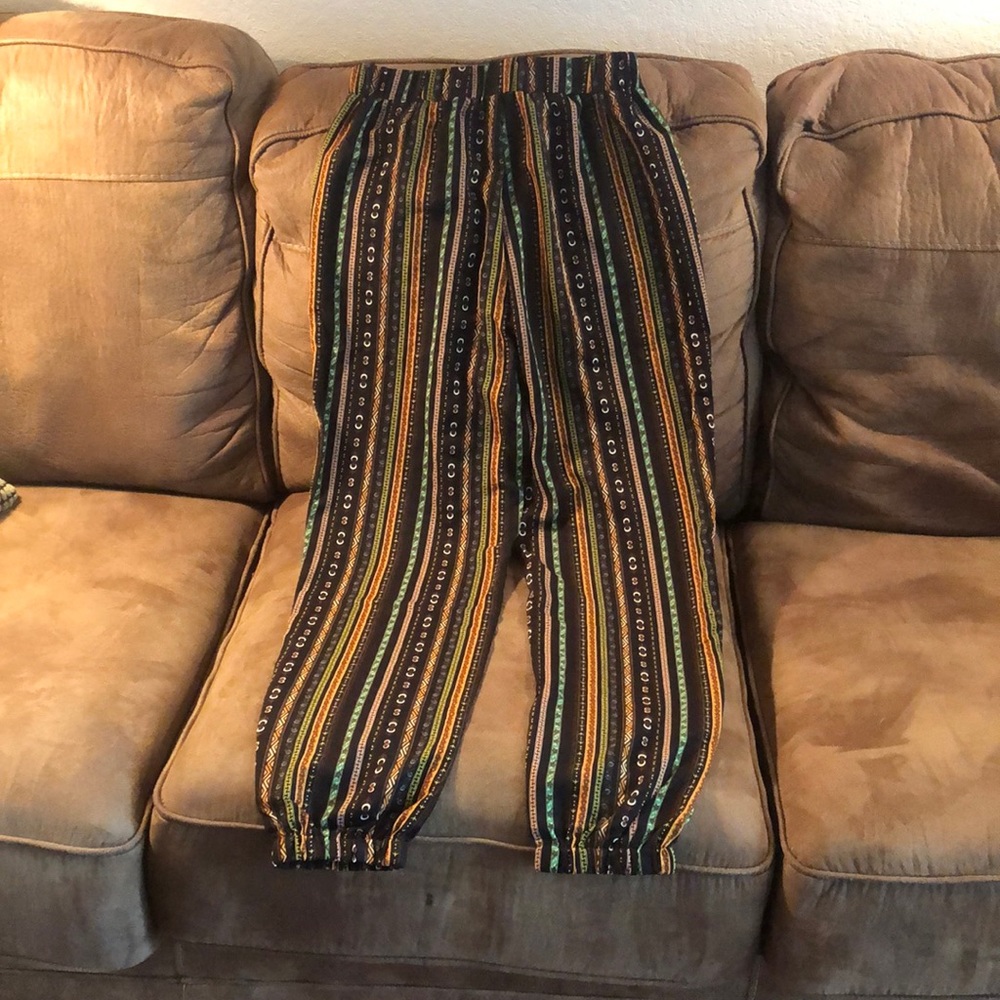 Funky Black Green Yellow Striped Joggers Size Small